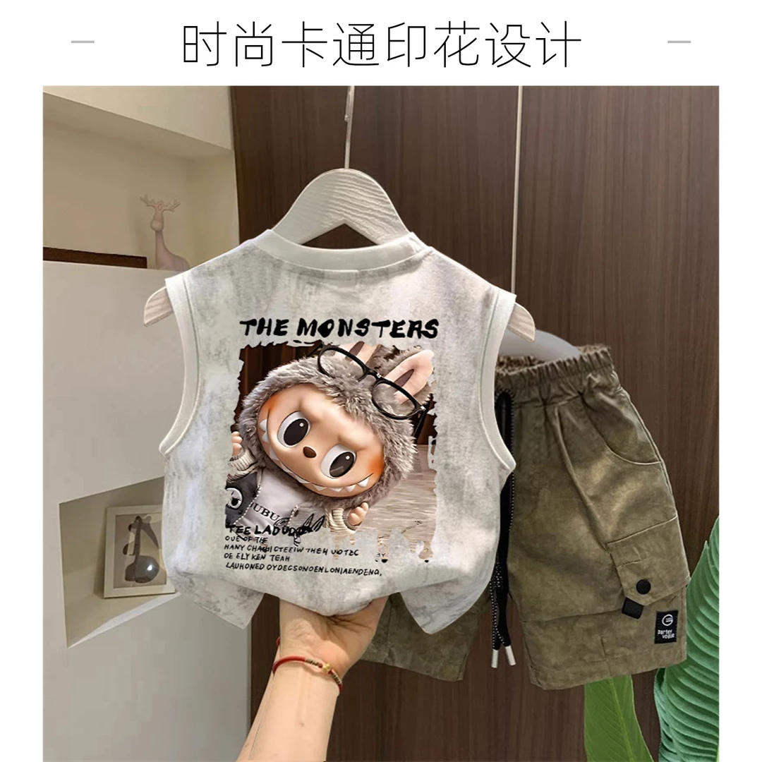 儿童夏季新款两件套男童洋气布布坎肩中大童宝宝韩系扎染背心套装