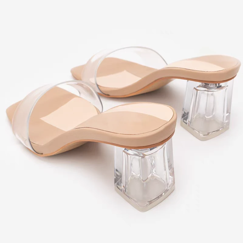 方头修面皮外穿方头水晶跟高跟粗跟网红女士仙女风女鞋夏季一字拖