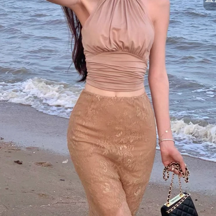 【9325错】黄色蕾丝微透半身裙女性感中长款弹力修身包臀裙子