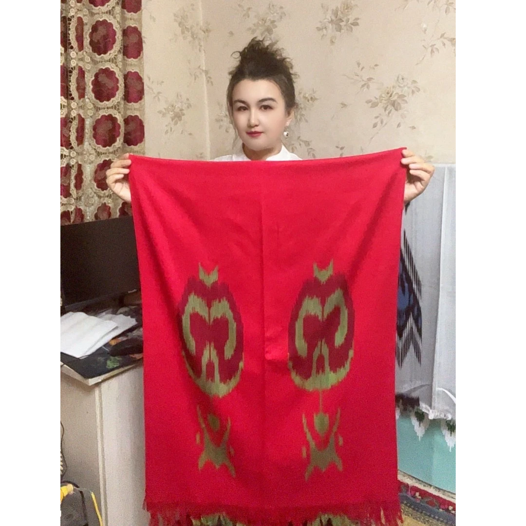 2025新款新疆和田艾德莱斯围巾60x180cm红色纯棉