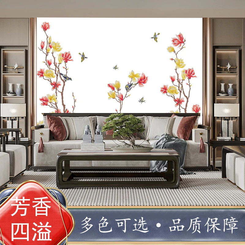 定制芳香电视背景墙四溢K6新中式背景独绣高档墙布刺绣壁布卧室