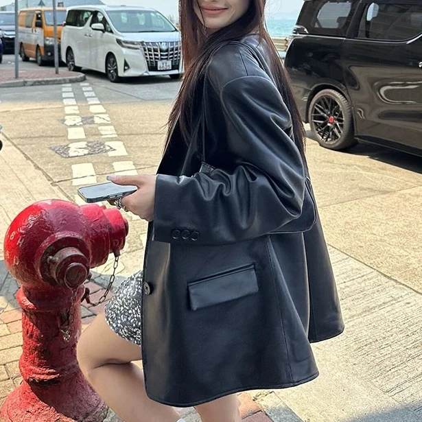 【CC】秋冬韩版高级百搭显瘦气质皮衣中长款外套