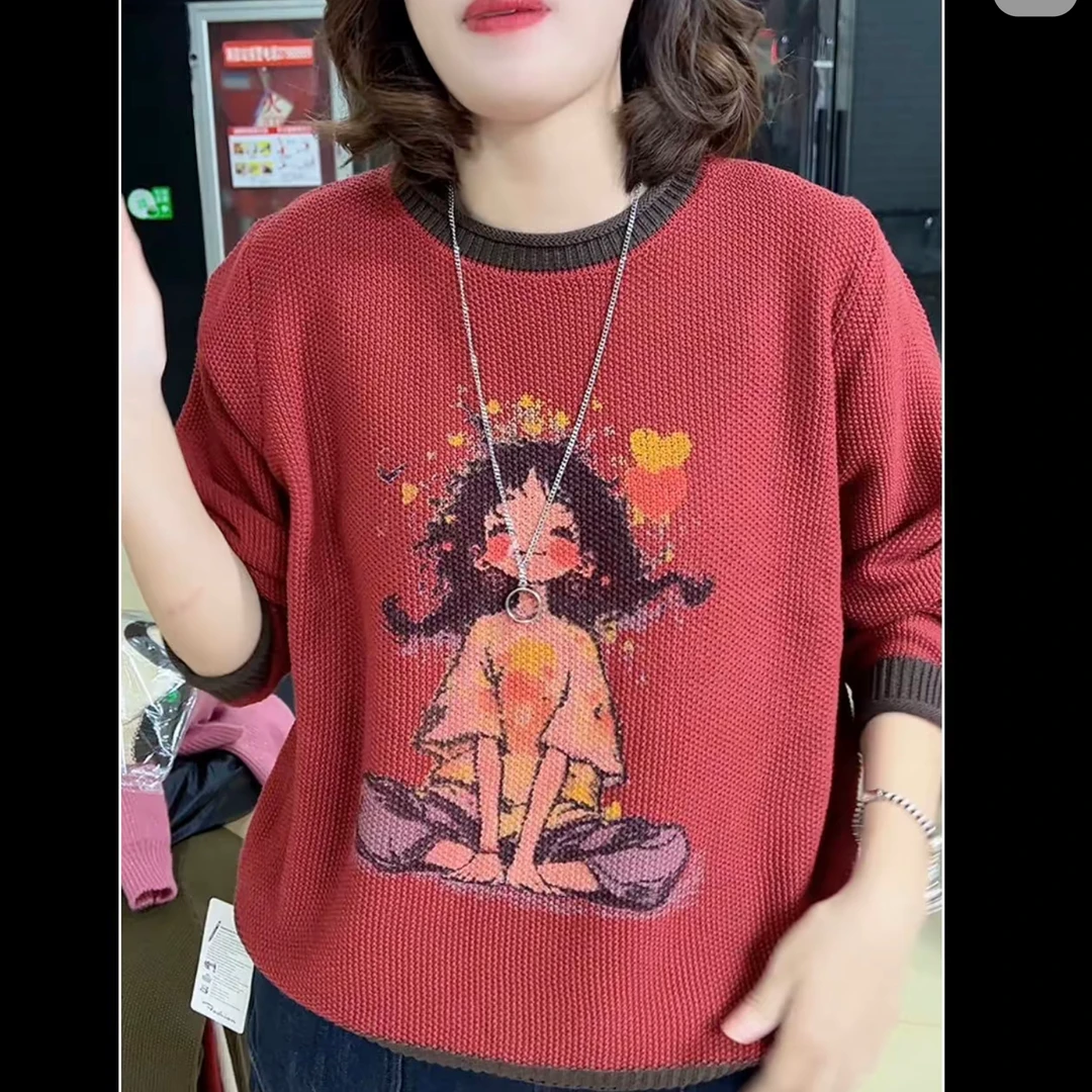 新款美图印花针织打底衫显瘦秋冬新款百搭毛衣宽松圆领上衣长袖女