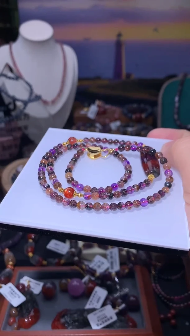 未镶嵌珠宝半成品水晶超七圆珠四色极光桶珠项链