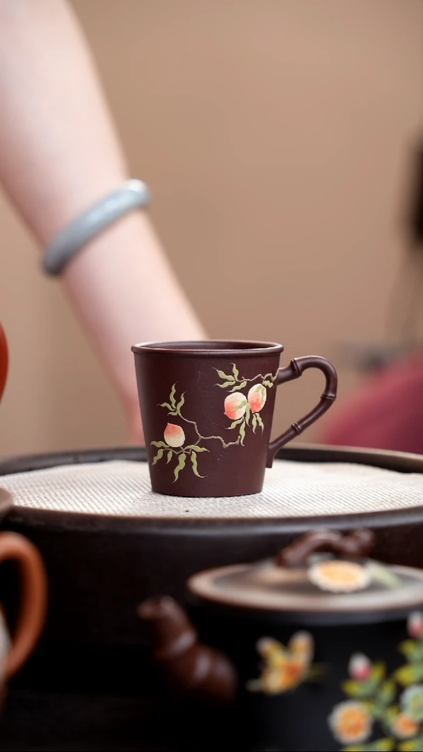 茶壶紫砂紫泥竹节手把杯桃子
