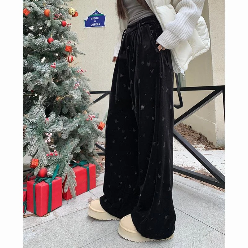 蝴蝶设计感宽松直筒高腰阔腿裤子女冬季黑色烫花加绒加厚丝绒长裤