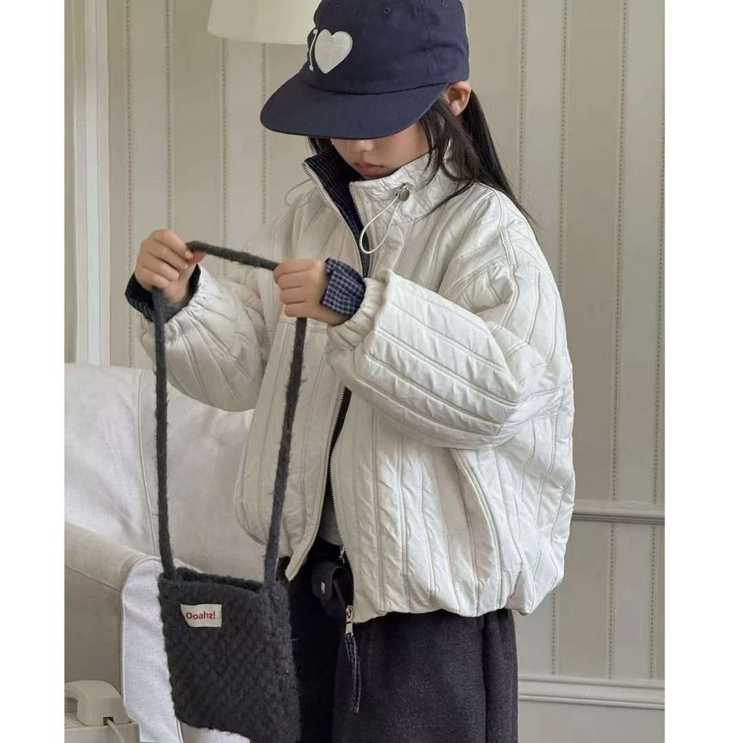 [高品质]2025新款深秋夹棉立领韩系格子拼接棉服外套