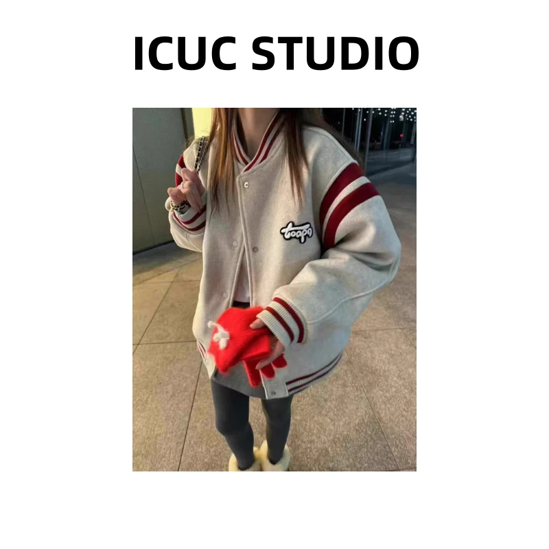 ICUC定制- 【美式复古拼接夹棉棒球服】冬季新款宽松保暖外套9996