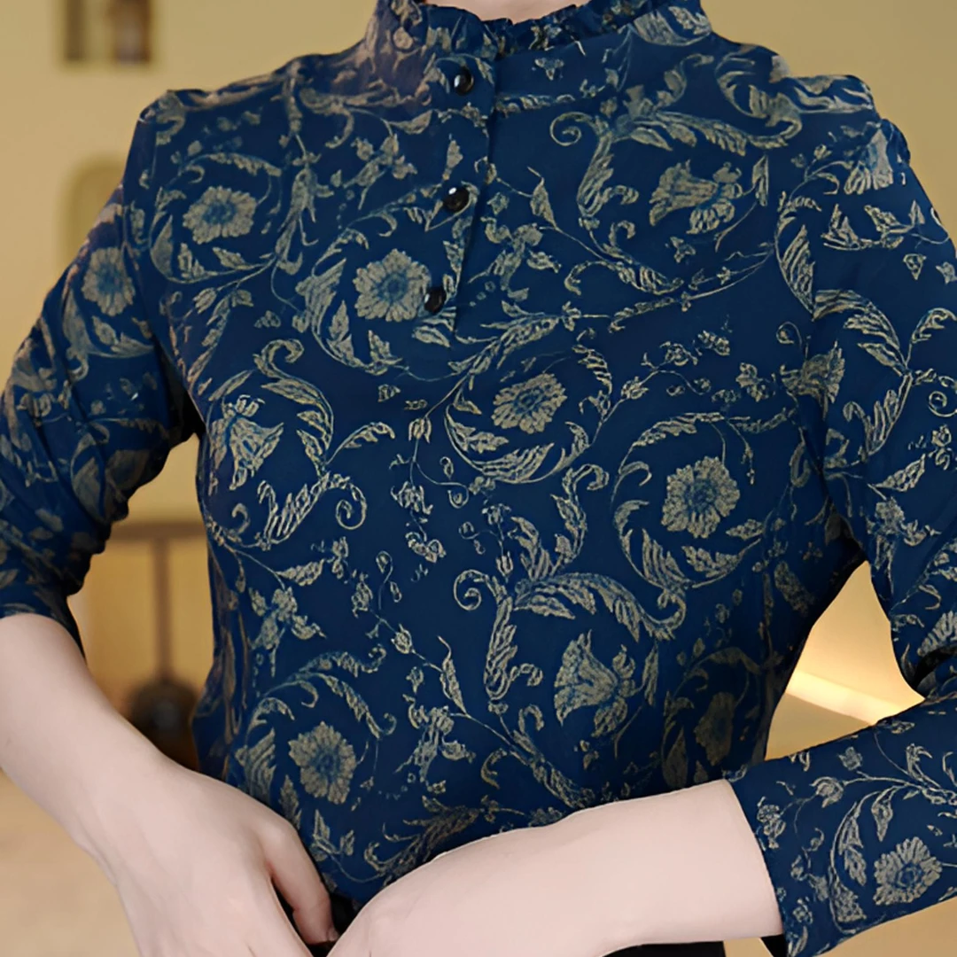 【出口原单】杭州专柜 法式巴洛克风新款简约圆领通勤衬衫女DS-056