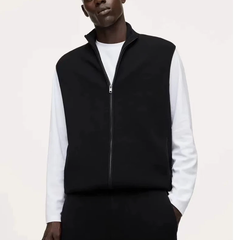 欧美原单时尚春秋开衫男士针织立领拉链无袖坎肩马甲毛衣外套