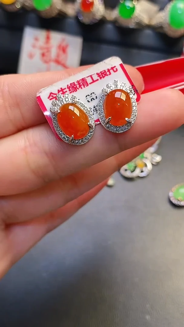 银S925镶嵌翡翠耳饰天然