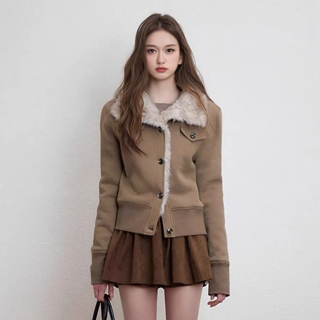 棕色立领拼接毛绒外套女冬季新款夹棉加厚保暖收腰小个子短款上衣