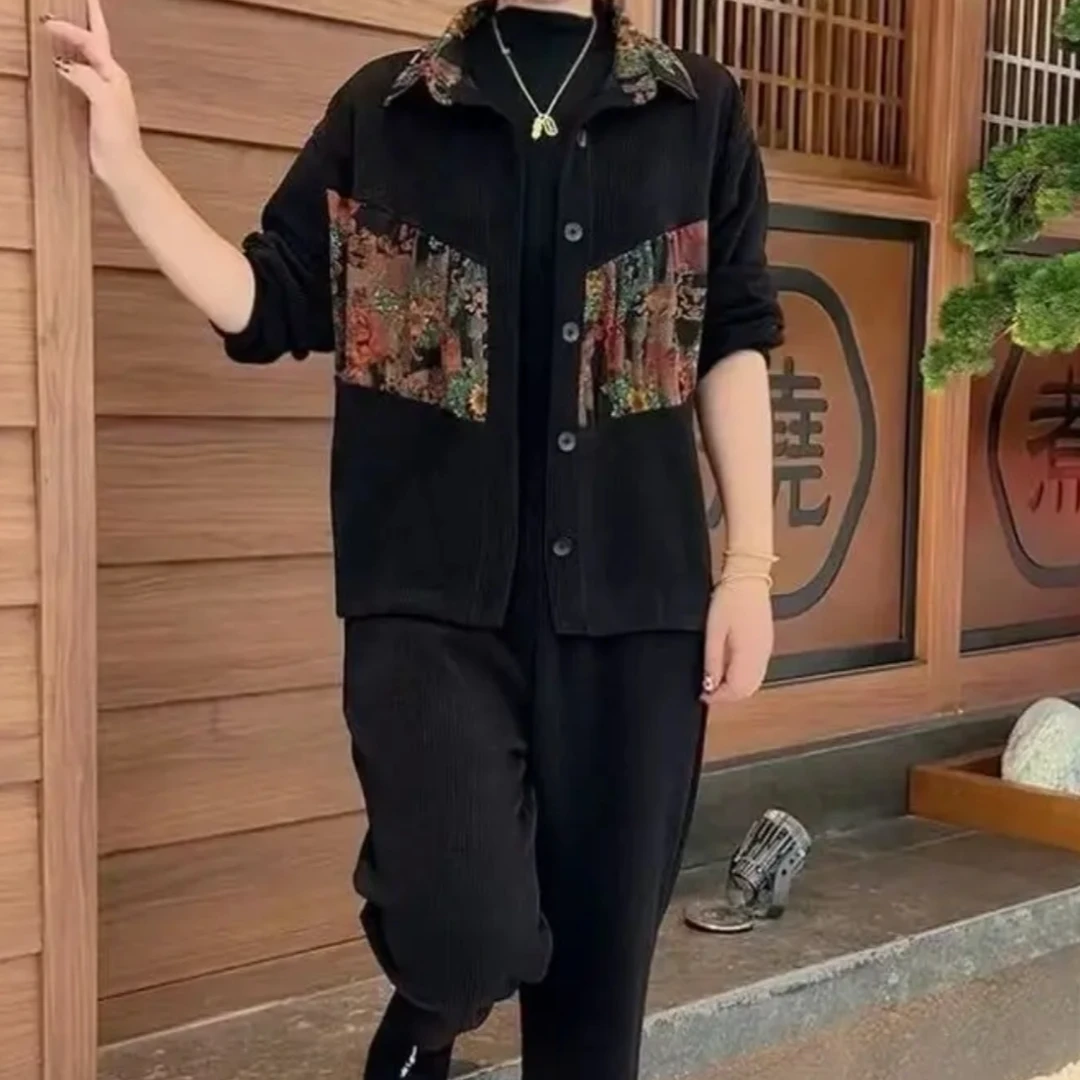 春秋款套装2025新款新中式印花拼接妈妈装宽松休闲女装开衫两件套