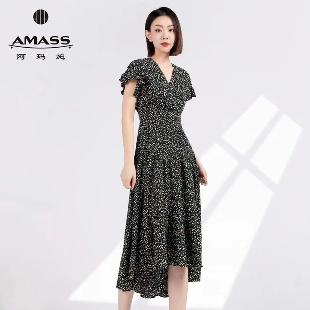 阿玛施Amass夏季裙子V领收腰连衣裙长裙白色新款高档碎花5500104