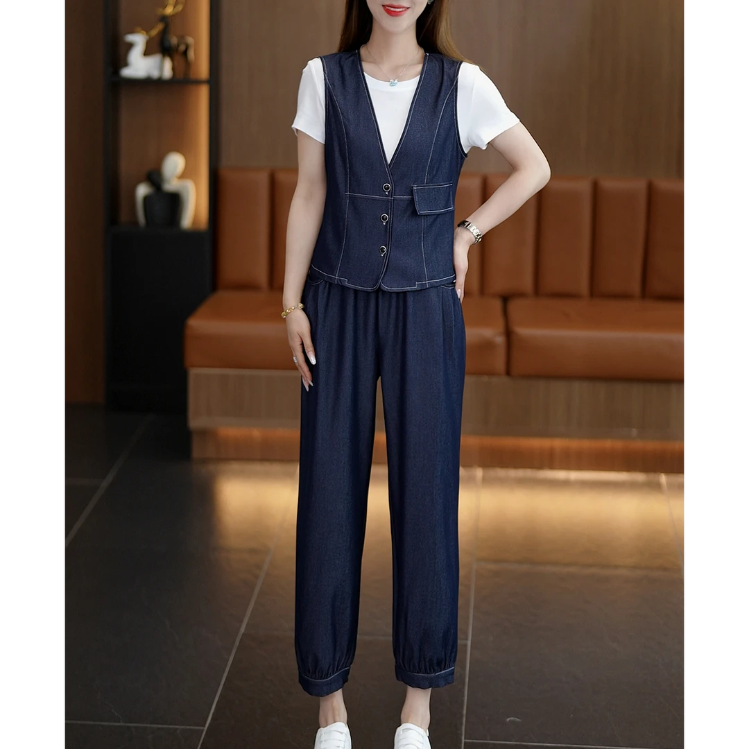 时尚休闲套装女2025夏季新款洋气显瘦马甲T恤阔腿裤运动三件套潮