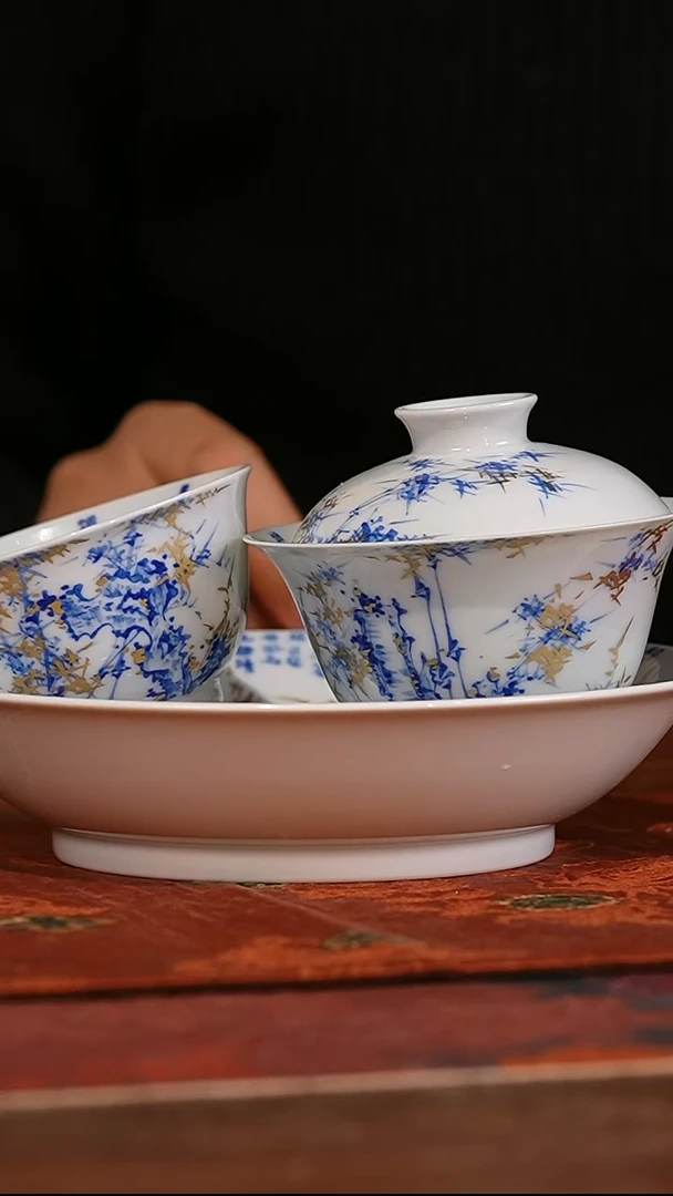 瓷姑娘-小桥窑定风波诗画套组-杯子盖碗壶承