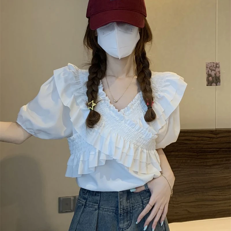 衬衫女夏小个子韩版甜美荷叶边交叉V领雪纺衫设计感系带短款小众