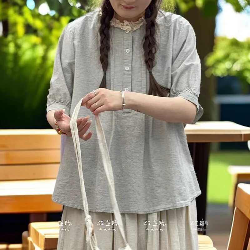 日系森系甜美小清新新品花边领半扣压褶拼时尚休闲短袖衬衫1810#