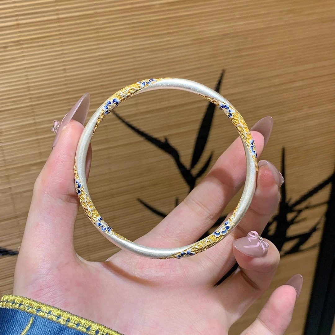 足银手镯 A41描金珐琅扭麻花朵手镯银9999新中式闭口高级感百搭