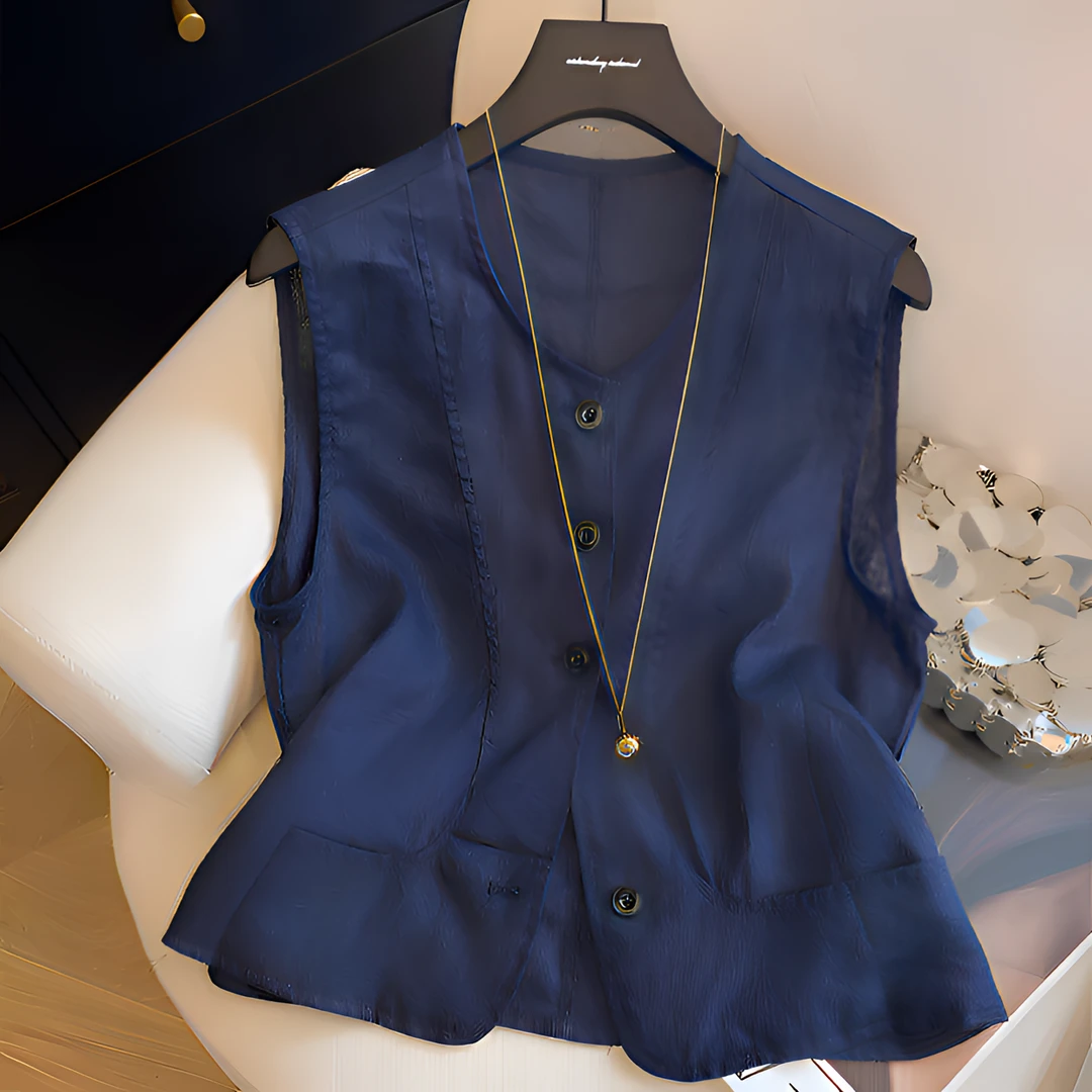 藏蓝色复古无袖单排扣背心马甲女2025夏季新款高级感洋气早秋小衫