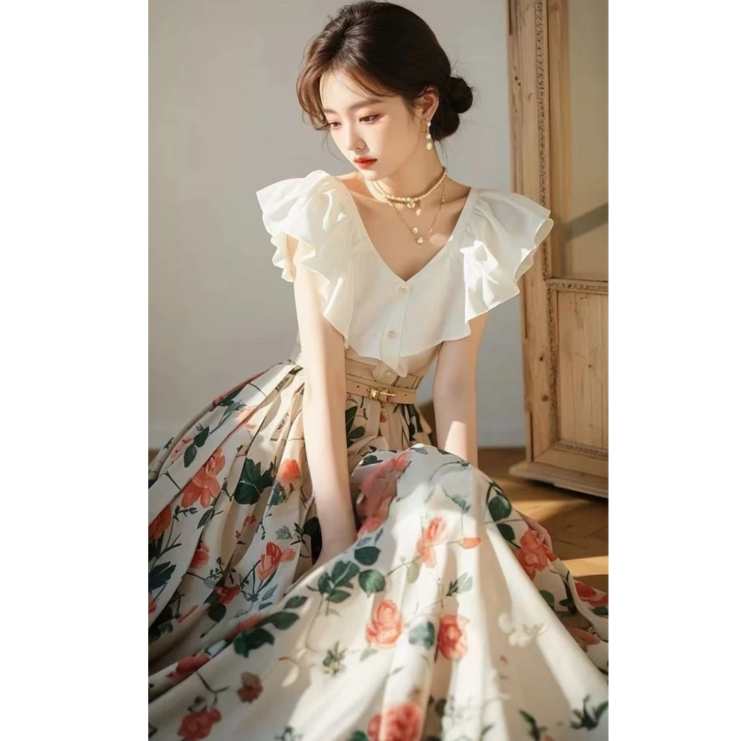 夏装搭配一整套韩里韩气清纯甜美气质小香风衬衫碎花半身裙套装女