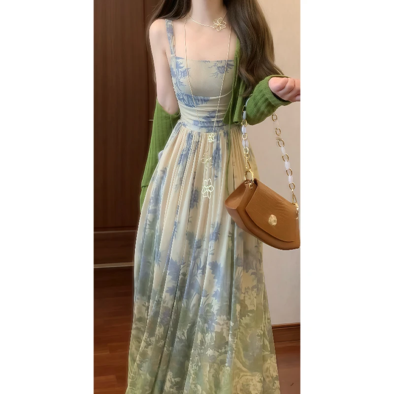 【雨林珊瑚】法式温柔精致印花吊带连衣裙度假长裙&防晒开衫9198