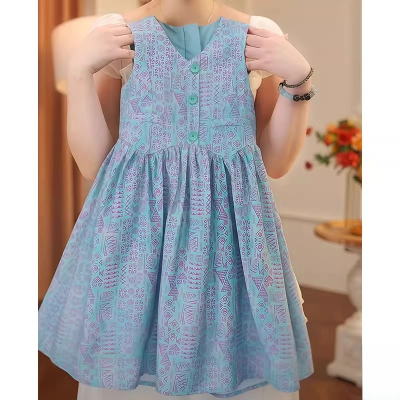 女童碎花无袖连衣裙2025新款夏季背心西装公主裙度假风薄款沙滩裙