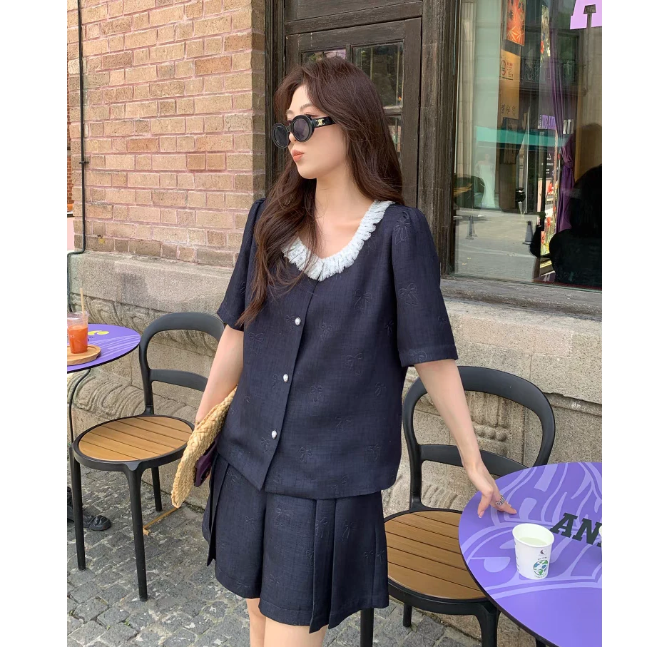 【现货秒发-NAZ微胖大码定制】蝴蝶结压花褶皱收腰时尚显瘦套装