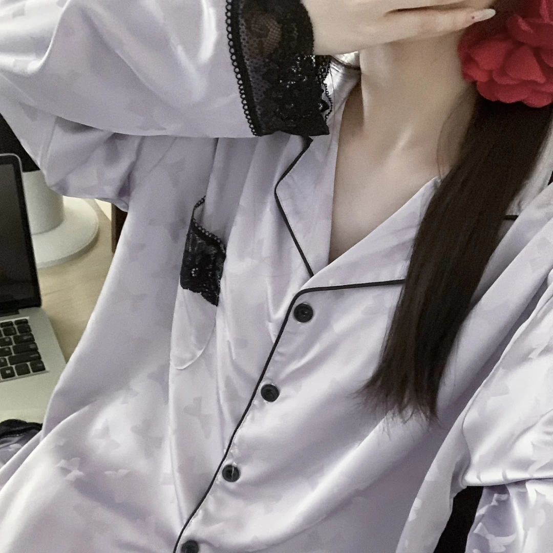 春季紫色蝴蝶冰丝睡衣女春秋款2025新款蕾丝边高级感长袖家居服春