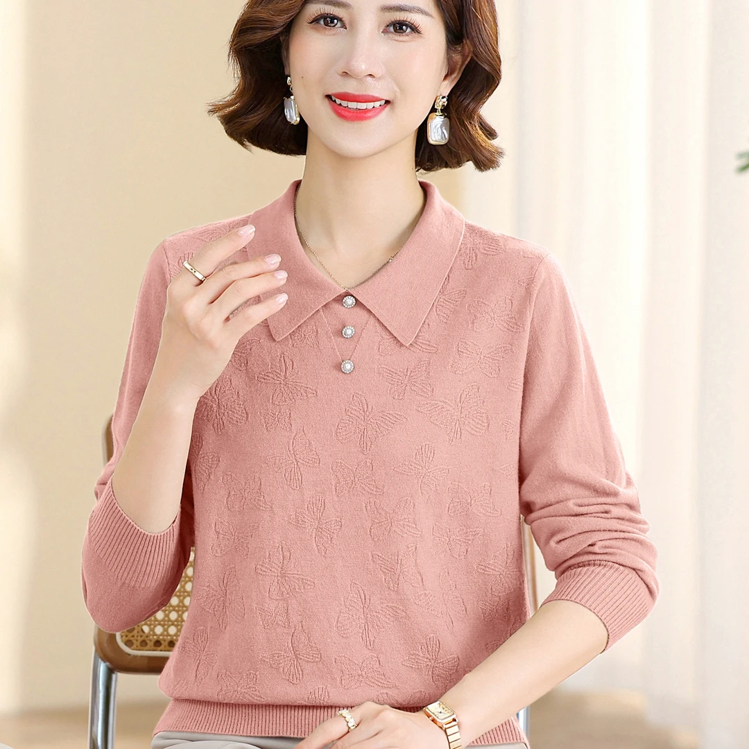 2024新款妈妈装翻领针织打底衫上衣中老年女秋冬洋气长袖减龄毛衣
