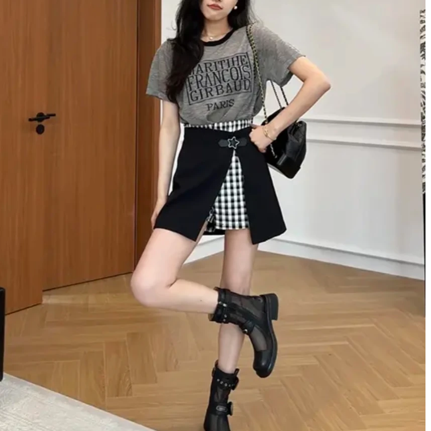 【曼谷热浪】薄款竹节麻针织短袖+显瘦假两件裙裤