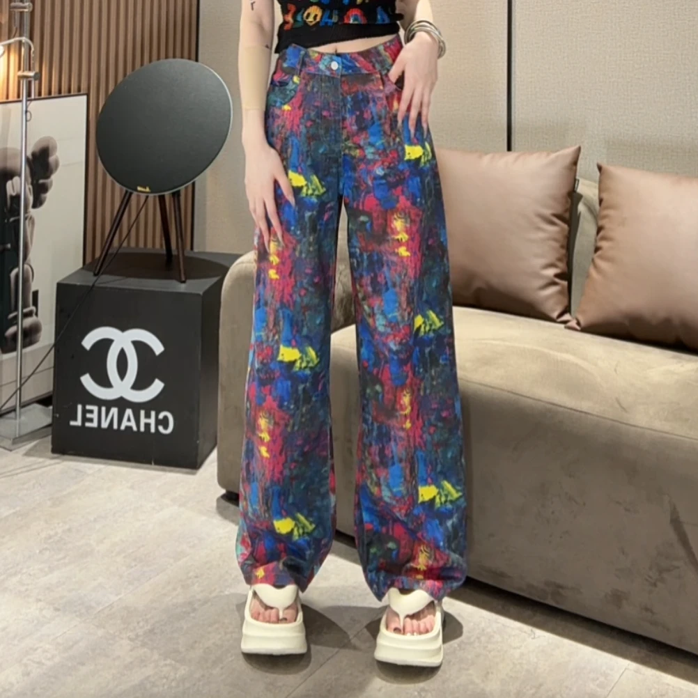 XQ971【艺术感油画】女春季新款显瘦彩色宽松阔腿洋气衣服女