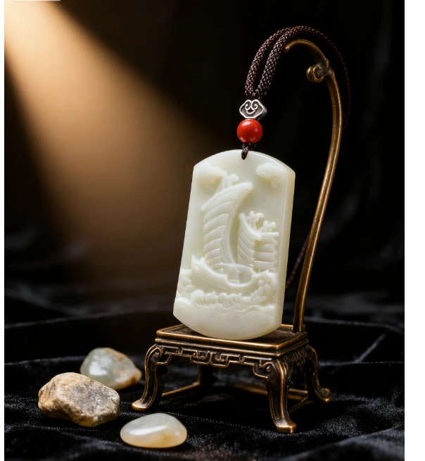 【龍帝专属】四大名玉蓝田玉一帆风顺40X70MM（多样性发货一个）A112