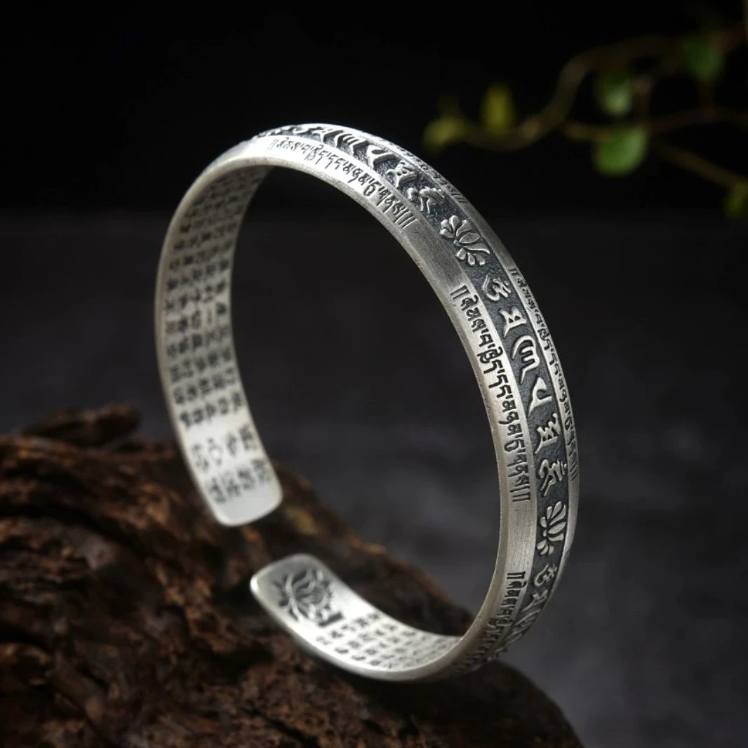 足银手镯 999【47】六字真言做旧开口手镯