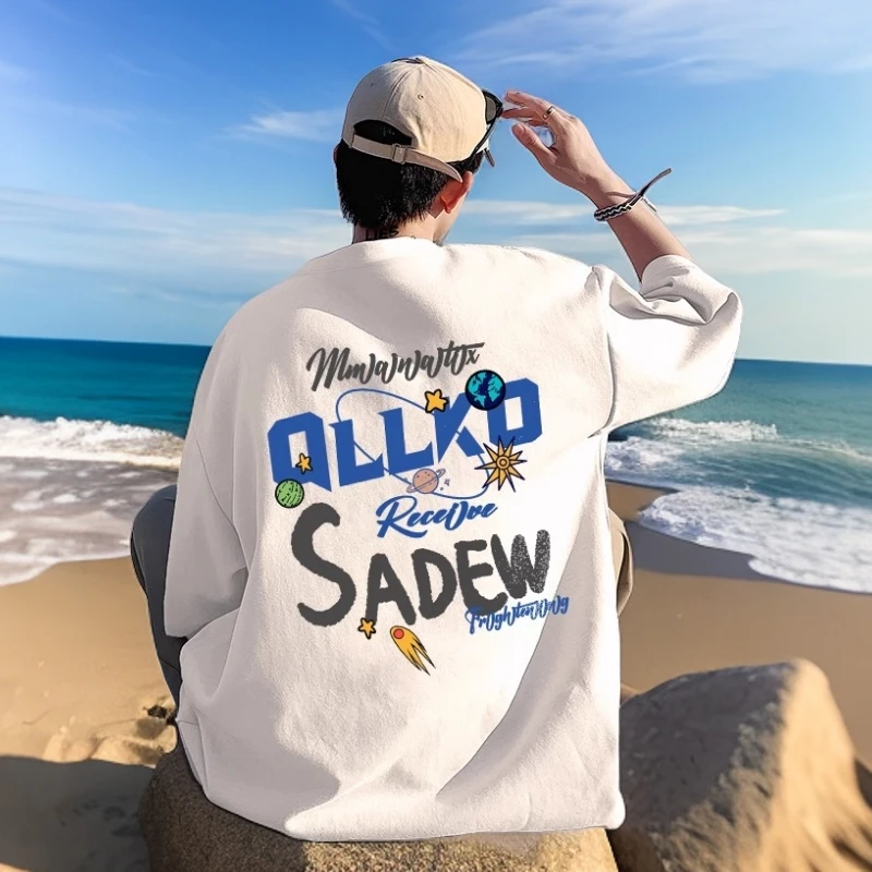 夏季t恤男潮牌时尚个性印花纯棉宽松圆领休闲百搭潮流体恤衫