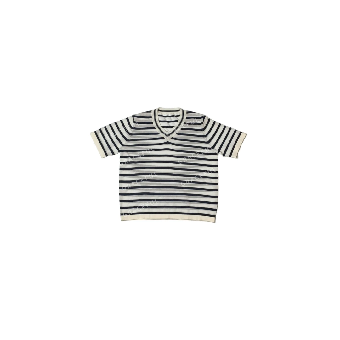 【九玥】桑蚕丝加莱赛尔天丝时尚显瘦条纹V领简约运动休闲夏季夏款