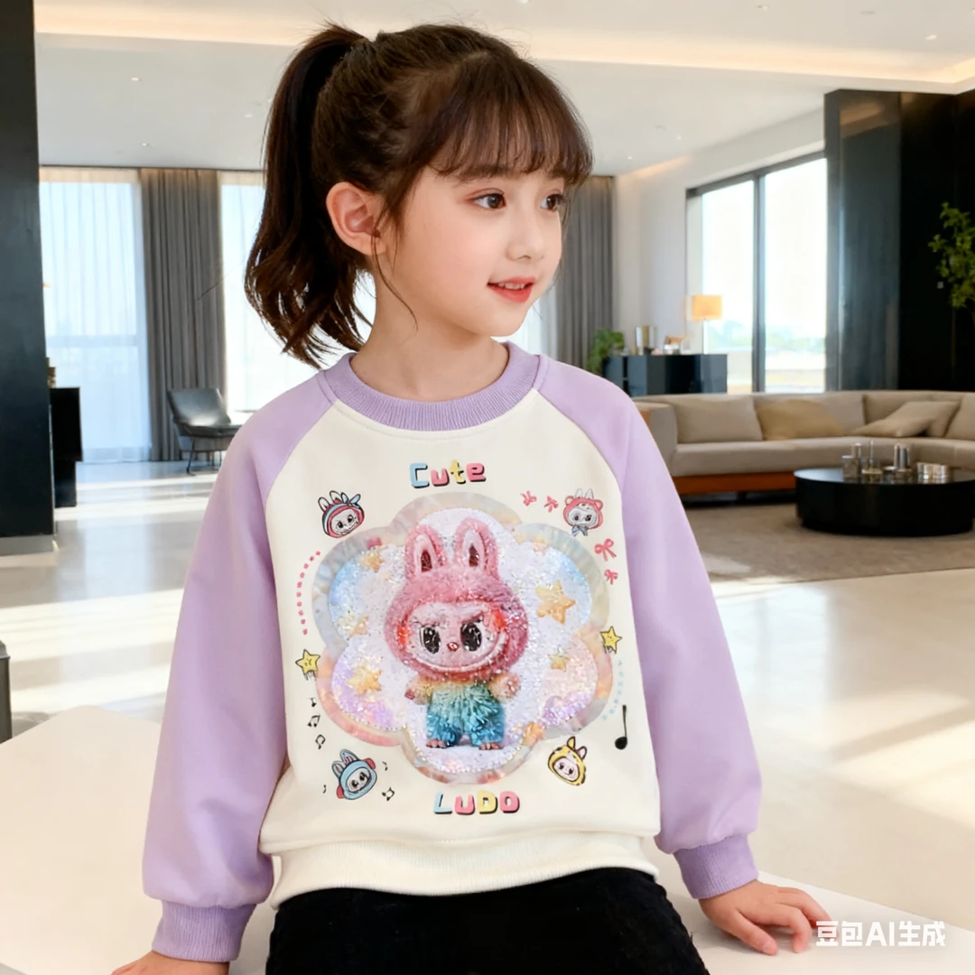 女童秋冬款卫衣新款春秋款艾莎双面变色亮片撞色插肩袖加绒卫衣