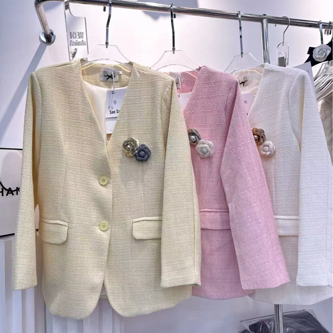 小迪家韩版立体花朵雪尼尔小香风西装春季新款小西服25128