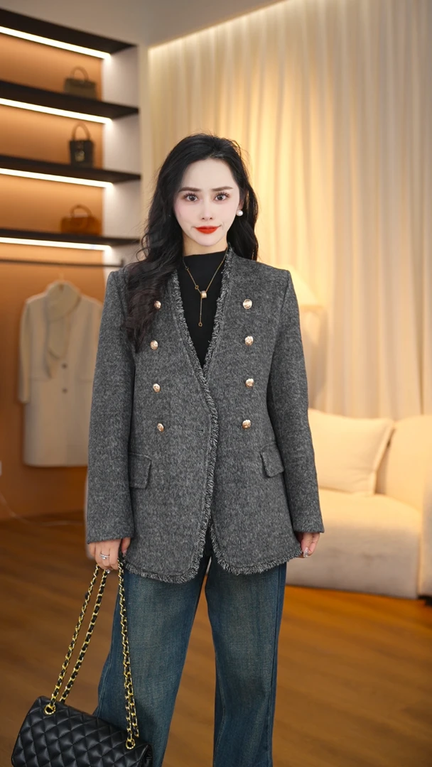 24新款高贵气质西装V领拉毛气质冬季呢大衣YC871冬季毛呢大衣外套