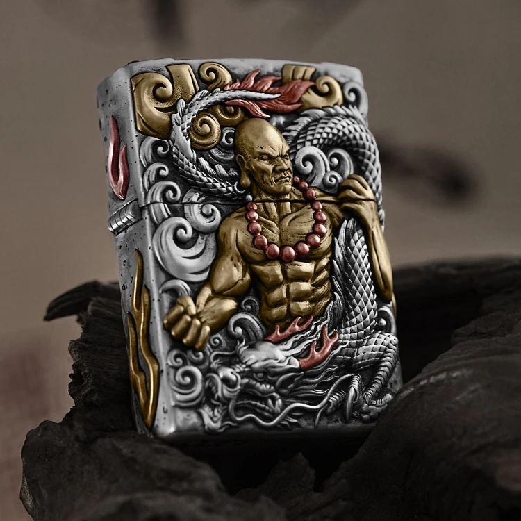 925银银制品 降龙尊者·超写实金工工艺煤油打火机银铜分色款