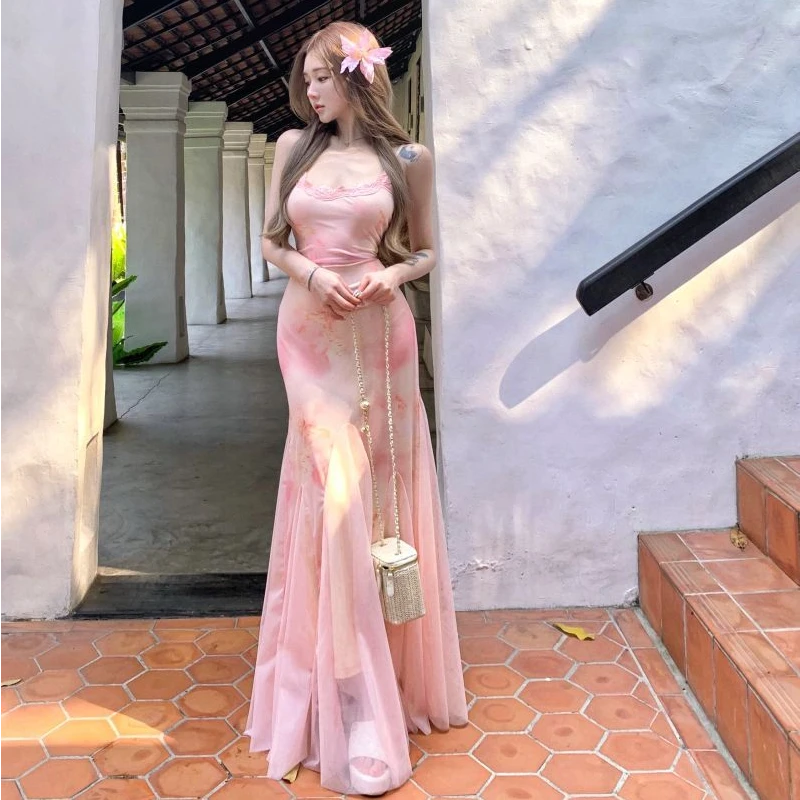 法式粉色碎花网纱吊带连衣裙女夏季2025年海边度假修身收腰长裙子