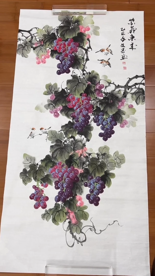 国画【福利，纯手工手绘】张文忠葡萄竖版138*68厘米
