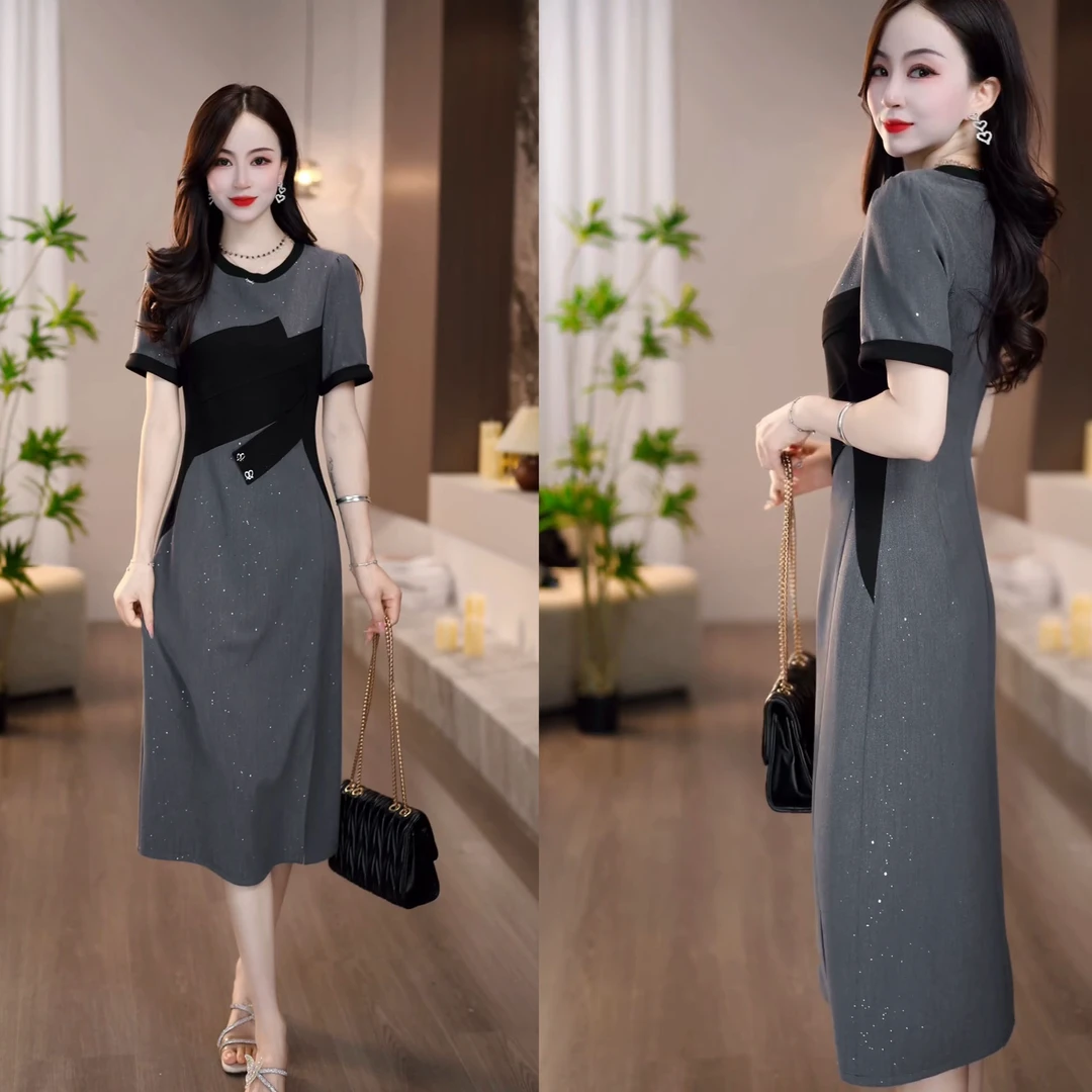2025夏季新款腹黑千金既视感洒银灰黑拼色高级质感连衣裙M-4XL