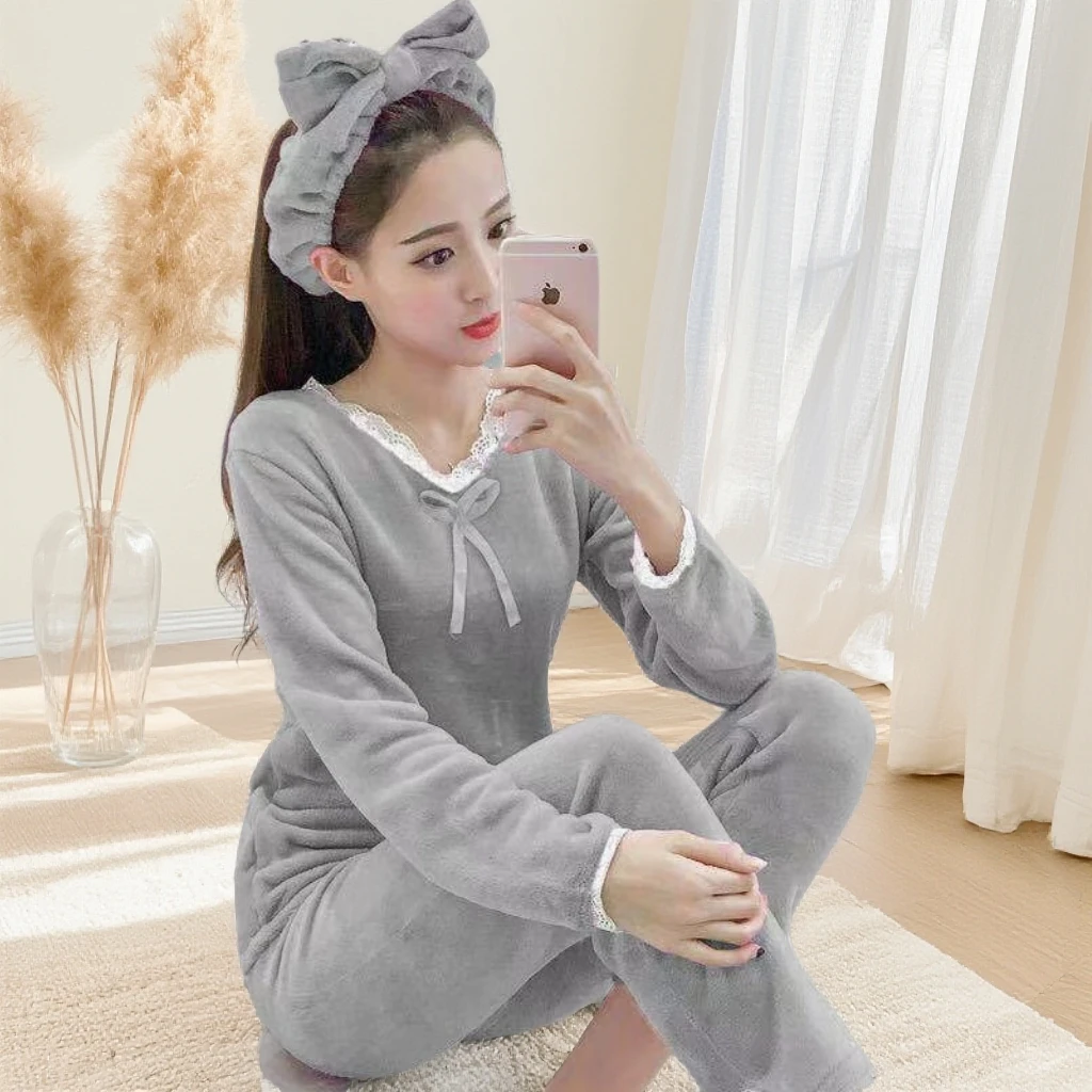 爆款睡衣女冬季两件装加厚保暖网红珊瑚绒修身睡衣女简约家居服
