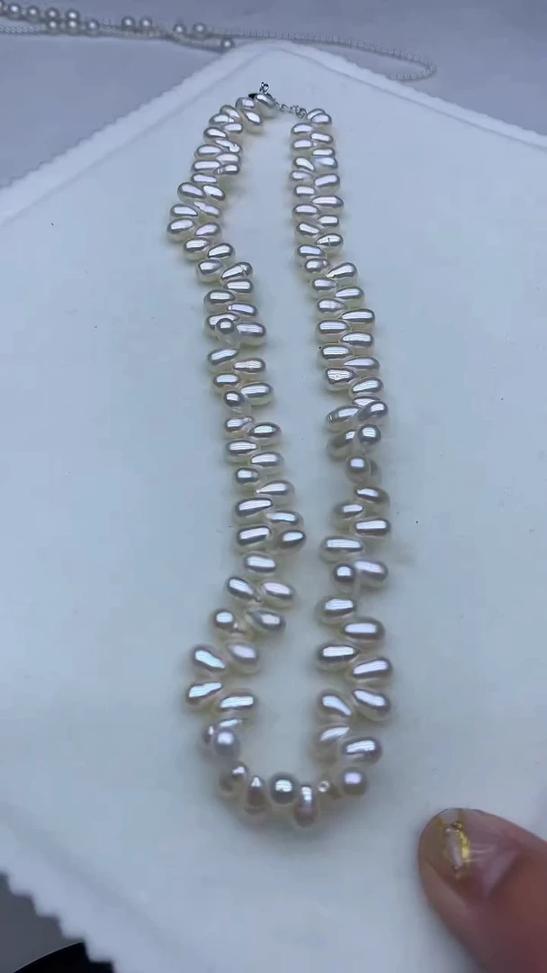 银S925镶嵌天然珍珠淡水珍珠11号 5m  二八孔麦穗项链  成品