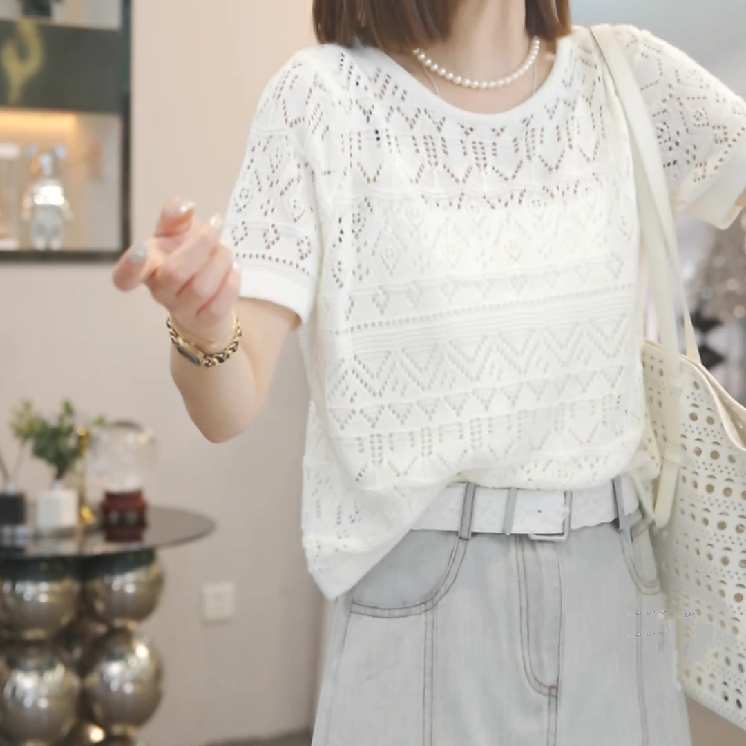 设计感纯欲后背镂空短袖针织衫女2025春夏季新款时尚休闲白色上衣