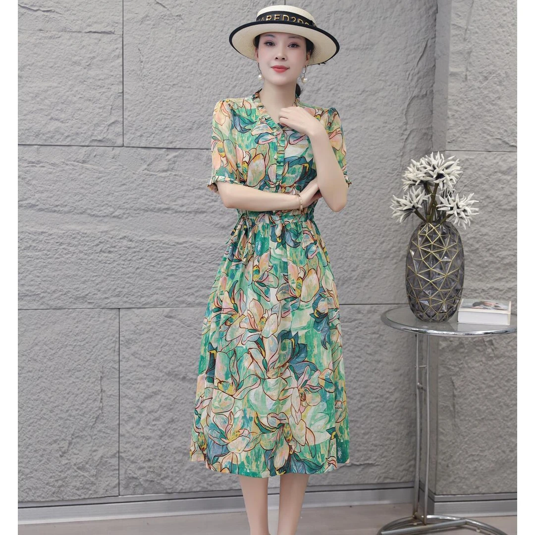 10007-夏季爆款高档优雅过膝长裙收腰遮肉连衣裙洋气裙子女【G仓】