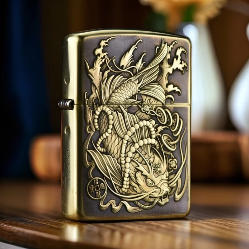 zippo打火机正品黄铜盔甲双色浮雕鱼化龙送男士新年礼物DYJ1