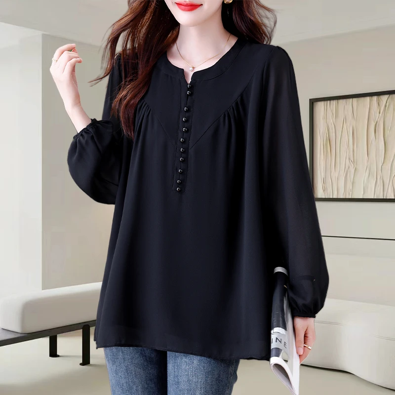 黑色V领长袖雪纺衬衫女士2025秋季新款减龄宽松遮肚显瘦气质上衣