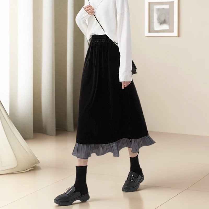 丝绒半身裙显瘦气质高腰时尚中长款 日系简约A字半身裙时尚百搭